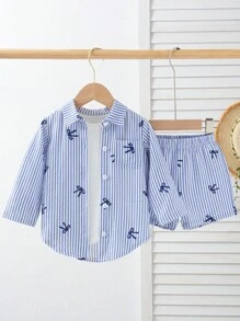 SHEIN مجموعة قميص كم طويل مخطط وشورت مخطط لطفلة وطفلة صغيرة على الطراز الكوري، ملابس كاجوال للشارع، للعطلات، التصوير الفوتوغرافي، الصيف، قطعتان - الأزرق - مشاهدة 3