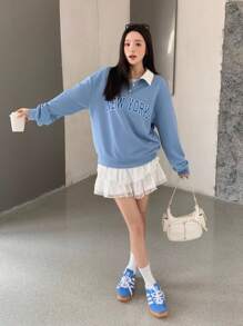 SHEIN 少女蓝白针织美式复古学院风 Polo 领落肩字母图案套头衫，长袖上衣，开学季 - 藍白色 - 查看 4