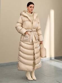 CLARA VERO Women Solid Color Belted And Pocket Detailed Long Winter Coats Women Winter Coats Winter Outfits For Women Women's Winter Coats Beige Puffer Coat Long Puffer Coat Luxury Puffer Coat Women's Beige Outfits - Beige - View 6