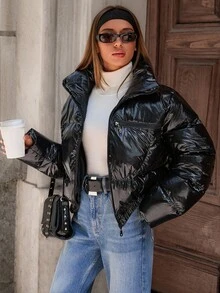 EURMUSE Áo khoác mùa đông thường ngày tay dài màu trơn bóng có khóa kéo phía trước dành cho nữ - màu đen - Xem 4