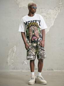 Manfinity ZONE917 Bộ áo phông và quần short in họa tiết kẻ sọc Hipster Money Character phong cách đường phố - Nhiều màu - Xem 6