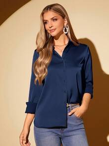 Amorya Camisa de mujer de manga larga con solapa de satén de acetato de unicolor elegante