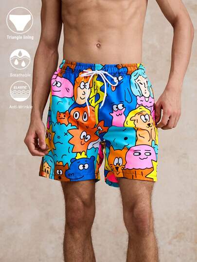 Surfspeed Herren Cartoon Muster Shorts mit Kordelzug Taille und Tasche, Strandshorts