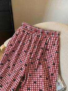 SHEIN Clasi 25 件新款复古法式格纹松紧腰直筒裤，百搭 - 紅白色 - 查看 3