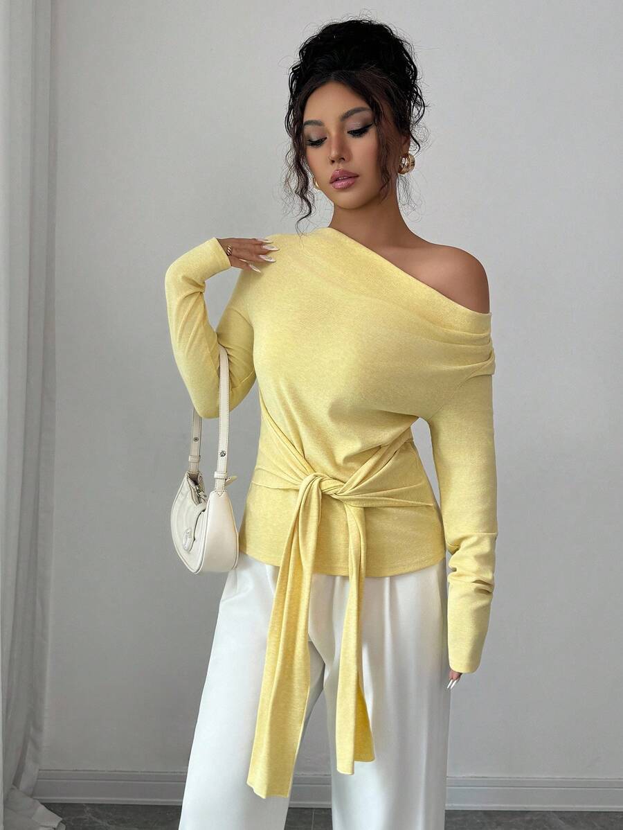 Elenzga Knitted Asymmetric Neck Cinched Waist Women T-Shirt, Minimalist Elegant Tie-Up Women Top Fall Cloth For Women