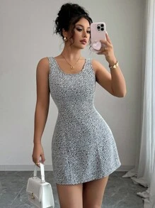 Elenzga New Autumn/Winter French Sparkly Tweed Sleeveless Round Neck Cinched Waist Elegant Dress For Women