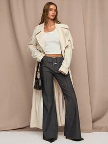 SHEIN BAE Pantalones casuales de unicolor gris de twill elástico con rayas de palillo, estilo de negocios casuales para mujer, estilo de dinero viejo para mujer, oficina para mujer, viaje al aeropuerto, pantalones casuales, otoño para mujer, pantalones intelectuales - Gris - Ver 6