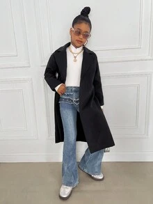 SHEIN 女童纯色休闲翻领长袖外套，秋冬外套，黑色长款大衣，女童长款风衣，儿童女童大衣 - 黑色 - 查看 4