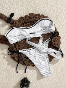 Swim Mod 女士泳衣套装，波尔卡圆点印花，可爱女孩风格，撞色荷叶边 - 黑與白 - 查看 2