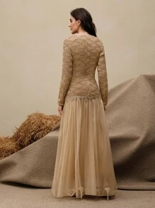 Anewsta 女士优雅修身拼接长裙，适合约会、聚会 - 卡其色 - 查看 5