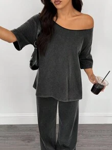 SHEIN PETITE 2pcs Women Casual Distressed Washed Loose Oblique Shoulder T-Shirt And Pants Set - Black - View 5