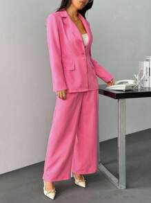 SHEIN PETITE 女士休闲纯色翻领单排扣西装套装 - 粉色 - 查看 6