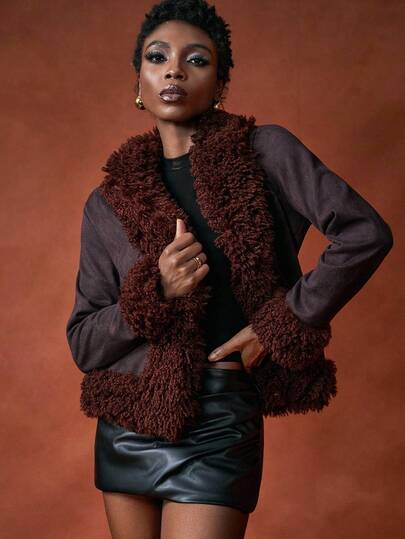 Zivah 20  Autumn New Arrival, Suitable For Birthday Party, School Style, Daily Wear, Casual, Vacation, Cruise Travel, Beach, Sunbathing, Street Style, Motorcycle Style, Club, Furry Collar Long Sleeve, Patchwork Furry Cuffs, Deep Coffee Suede Fabric, Women Autumn/Winter Jacket