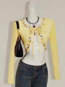 SHEIN ICON Áo thun nữ tay dài dáng croptop đính đá lấp lánh màu vàng bơ đính cườm, thắt nơ phía trước, thời trang thu đông - Màu vàng - Xem 3