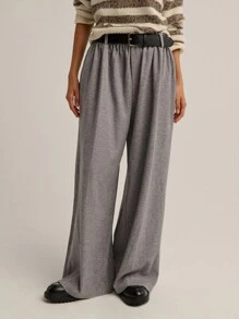 Nöista 浅灰色宽腿羊毛裤，松紧腰身，配黑色腰带，宽松版型 - 淺灰色 - 查看 2