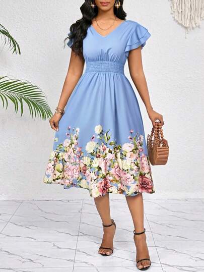 SHEIN Lady Vestido de longitud media con cuello en V, mangas de hoja de loto, cintura ajustada y estampado floral romántico en el bajo, ideal para vacaciones, ocio y uso en primavera, verano y otoño
