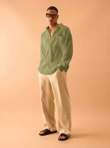 Musero 纹理褶皱长袖纽扣衬衫夏季街头风格度假休闲 - 綠色 - 查看 4