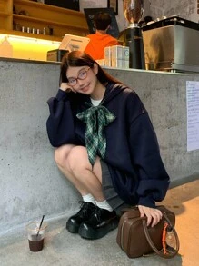 DAZY Women's L Size Hooded Plaid Lace-Up Casual Long Sleeve Sweatshirt Fall,Winter