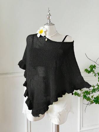 Comfortcana Plus Size Women's Green Ruffled Hem Semi-Sheer Casual Crochet Poncho, Suitable For Summer Outings And Dates,Back To School