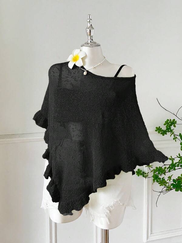 Comfortcana Plus Size Women's Green Ruffled Hem Semi-Sheer Casual Crochet Poncho, Suitable For Summer Outings And Dates,Back To School