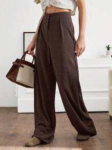 SHEIN Tall Tall Size Solid Colour Frenchy Wide Leg Pants - Brown - View 5