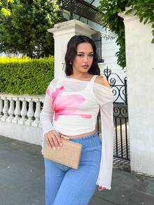 NegzBox Fitted Mesh Floral Print Cream T-Shirt For Women, Suitable For Date, Party, Casual And Work - Apricot - View 5