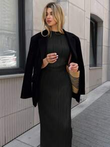 SHEIN LUNE Casual Women's Apricot Knitted Textured Bodycon Dress Black Pleated Maxi Dress Pleated Dresses For Women Black Summer Dress Women Pleated Maxi Dress Black Sundress Women,Casual Dresses For Women