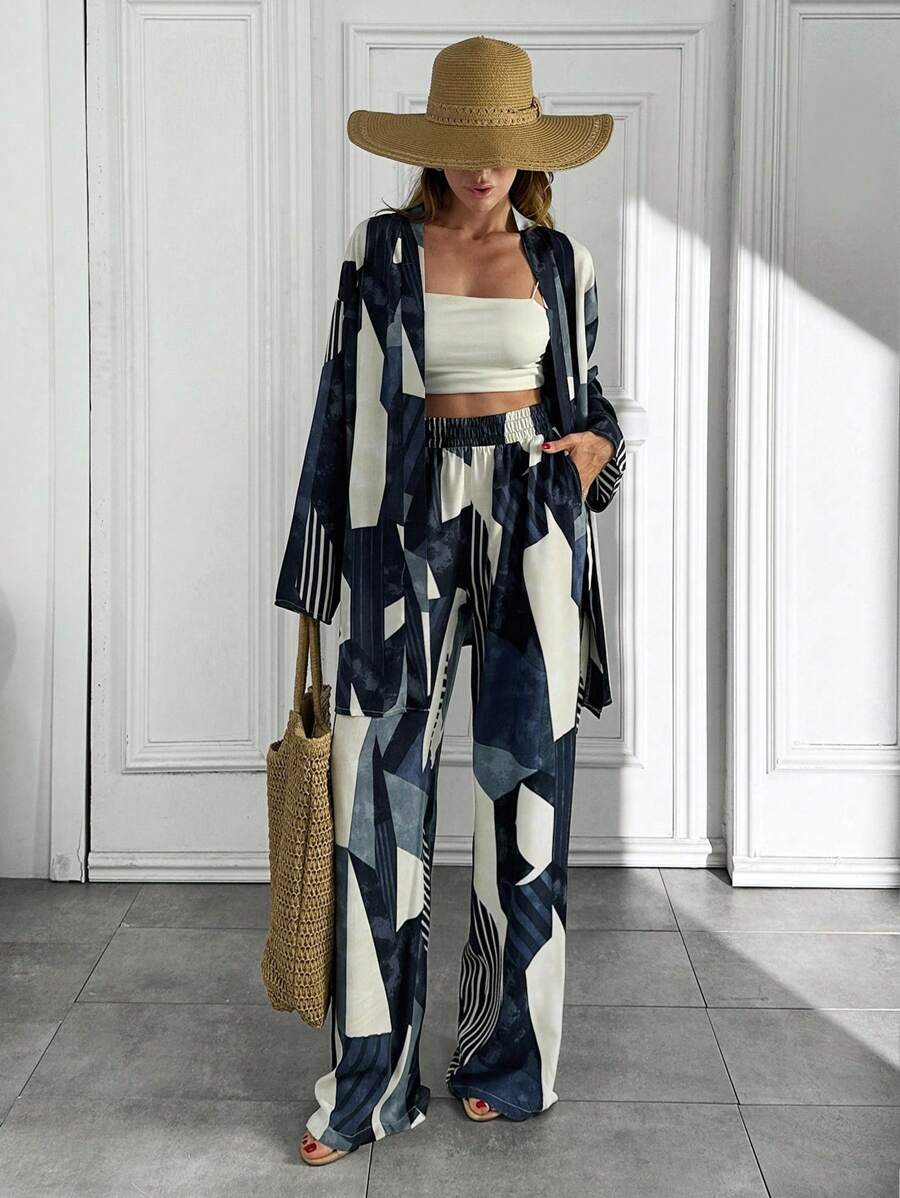 LONG SLEEVE KIMONO & ELASTICAL WAISTED ALL OVER PRINTED CO-ORD SET - Multicolor - View 1