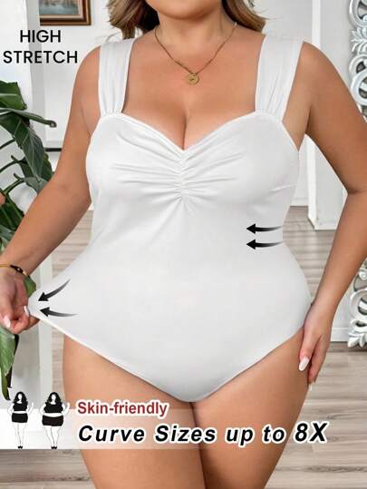 SHEIN CURVE+ Plus Size Women's Pleated Front Knit Bodysuit, Black, Stretchy, Spring/Summer