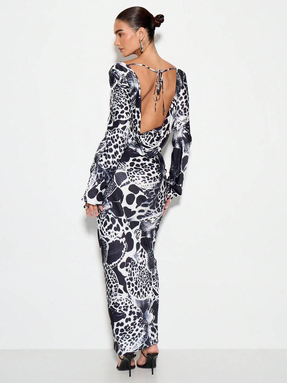 Robe de soirée maxi à imprimé animal, coupe moulante avec découpe à la taille, manches longues, robe de soirée d'hiver pour fête, mode vestimentaire de soirée formelle et pour le club