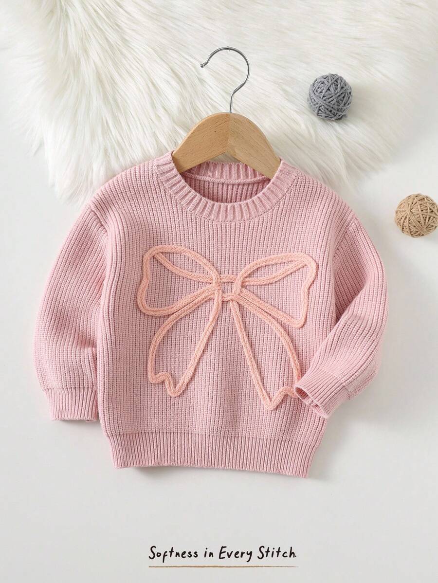Cozy Pixies Baby Girl Bow Decor Round Neck Long Sleeve Pullover Sweater, Versatile & Comfortable,In Fall/Winter - Multicolor - View 1