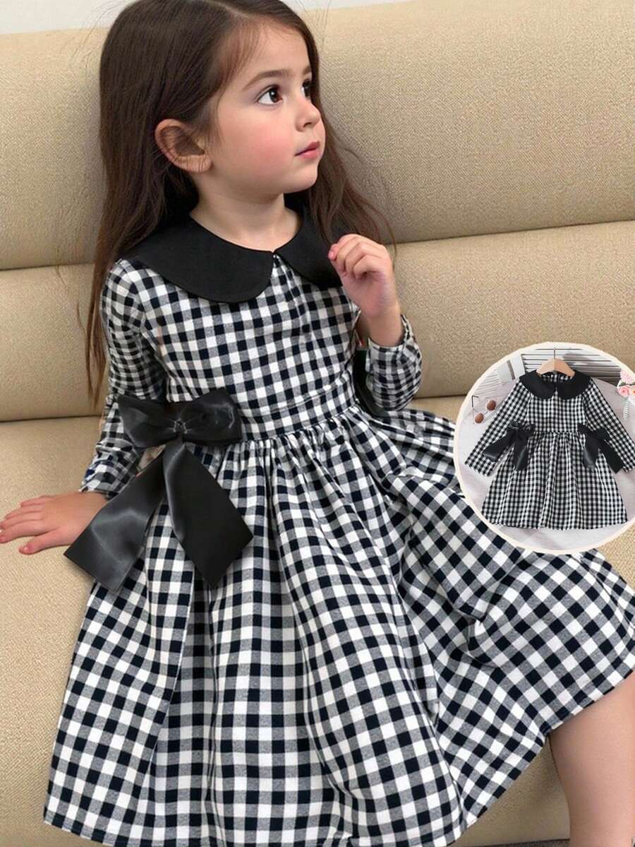 SHEIN Young Girl Contrast Color Peter Pan Collar Detachable Bow Decor Plaid A-Line Dress Fall Winter - Black - View 1