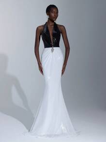 Elitara 优雅、浪漫、性感、简约的黑白亮片露背紧身美人鱼长裙，带有水钻装饰，适合时尚、网红、节日、生日派对、婚礼、正式场合 - 黑與白 - 查看 2