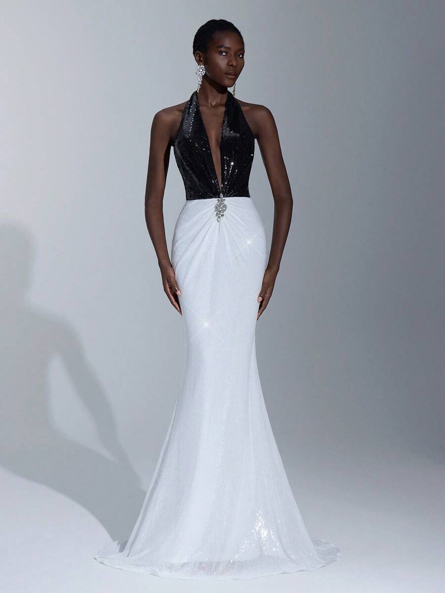 Elitara 优雅、浪漫、性感、简约的黑白亮片露背紧身美人鱼长裙，带有水钻装饰，适合时尚、网红、节日、生日派对、婚礼、正式场合