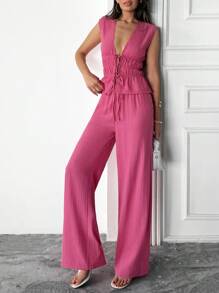 SHEIN Damen Set aus tiefem V-Ausschnitt Top mit Schleife und Hose in Unifarbe, sexy 2-teiliges Set