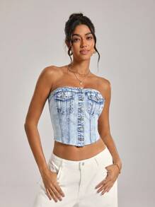 SHEIN Tall Women's Single-Breasted Frayed Hem Cropped Denim Camisole Top - Light Wash - View 7
