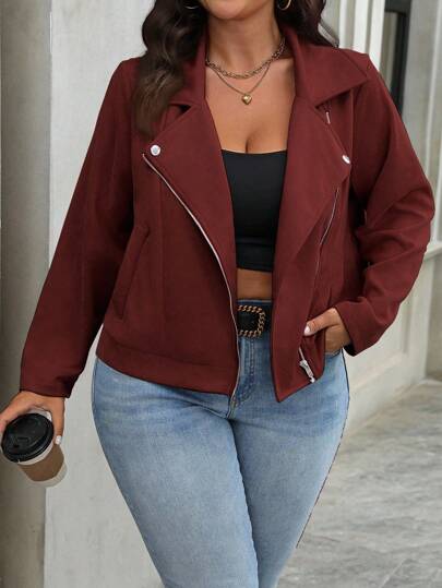 EMERY ROSE 大码女式纯色长袖前拉链休闲机车夹克