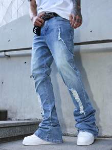 Manfinity EMRG Quần jeans ống loe denim trơn màu, có túi xếp ly, thường ngày dành cho nam, quần jeans dạo phố nam - Rửa nhẹ - Xem 4
