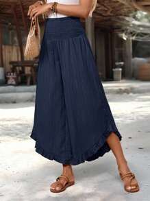 EMERY ROSE Women's Casual Ruffled Hem Long Pants, Summer Wide Leg Summer Pants Ruffle Hem Pants - Navy Blue - View 7