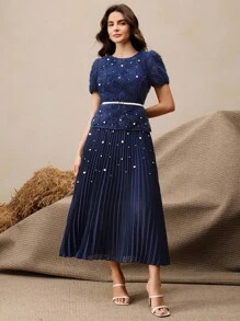 Anewsta Đầm dài tay phồng xếp ly họa tiết hoa 3D đính hạt thanh lịch dành cho nữ, váy maxi vải chắp vá, thắt eo, dự tiệc xuân/hè/tốt nghiệp - Màu xanh hải quân - Xem 6