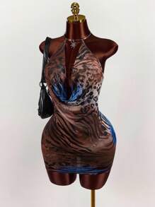 Amplova Summer Hippie Style Plunging Backless Sexy Halter Neck Women Mini Dress