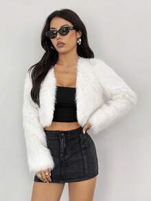 SHEIN PETITE Áo khoác nữ dáng dài tay hở phía trước màu trơn lông thú giả đi nghỉ mát Áo khoác thông thường cho nữ Áo khoác trắng Áo khoác crop top Áo khoác lông ngắn Áo khoác lông Quần áo thu đông cho nữ - trắng - Xem 4