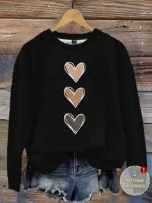 EMERY ROSE Plus Size Women Heart Print Graphic Casual Sweatshirt, Suitable For Spring/Autumn Autumn And Winter Fall - Multicolor - View 1