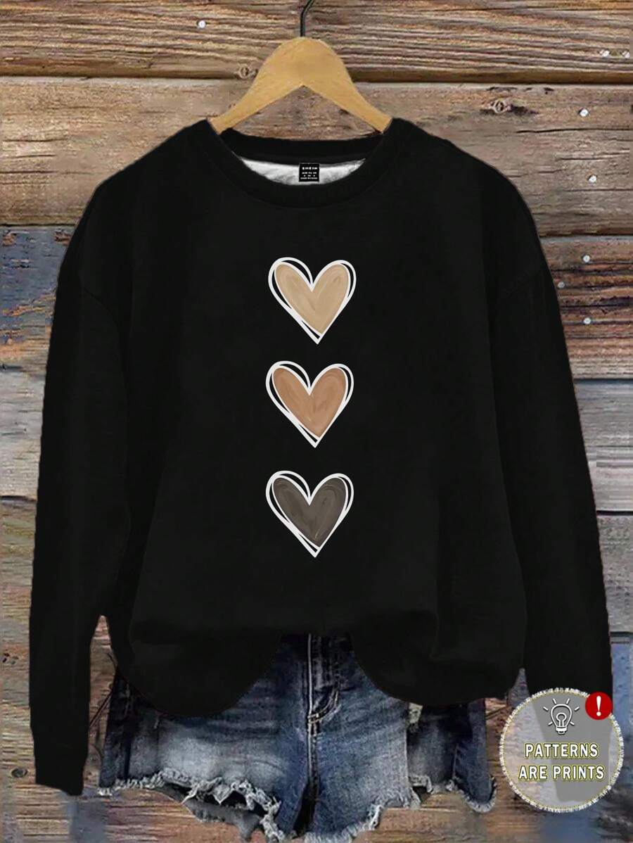 EMERY ROSE Plus Size Women Heart Print Graphic Casual Sweatshirt, Suitable For Spring/Autumn Autumn And Winter Fall - Multicolor - View 1
