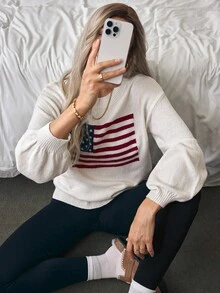 Louniche Usa Flag Design Drop Shoulder Sweater,Long Sleeve Tops - White - View 5