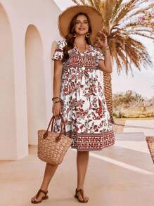 大码花卉印花休闲度假连衣裙 - 紅色 - 查看 3