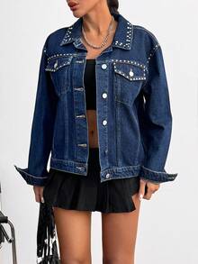 SHEIN Cottnline جاكيت جينز بتفاصيل مسامير بقصة ضيقة منتظمة - أزرق داكن - مشاهدة 6