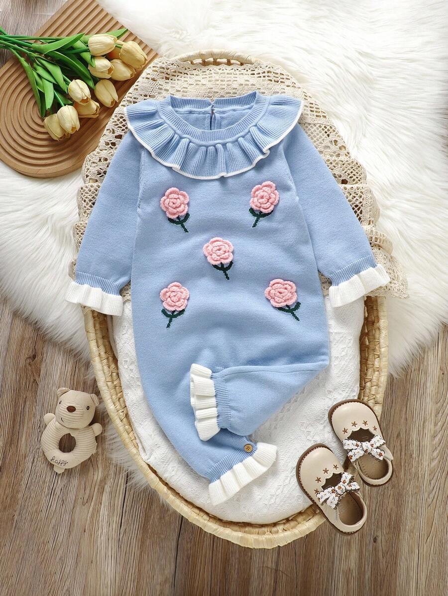 SHEIN 1pc Baby Blue Ruffled Collar Floral Decor Long Sleeve Romper, Fashionable & Sweet Style Baby Girl Romper Baby Girl Sweater Romper Baby Girl Long Sleeve Romper Winter Baby Girl Romper Baby Flower Romper Baby Girls Winter Clothes Baby Girls Fall Clothes Baby Girl Fall Outfits Baby Sweater Romper Baby Girl Flower Outfit Winter Baby Girl Clothes Blueberry Baby Outfit - Blue - View 1