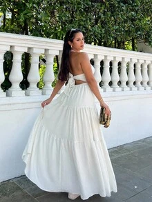 NegzBox 女士雪紡領口無背連衣裙，配長尾裙設計，適用於度假、婚禮或節日 - 米色 - 查看 5