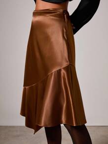 COSMINA Women's Elegant Satin Asymmetrical Skirt, Autumn/Winter - Brown - View 6